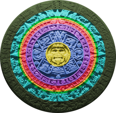 Image of the Aztec Sun Stone color coded. Each layer has a color associated